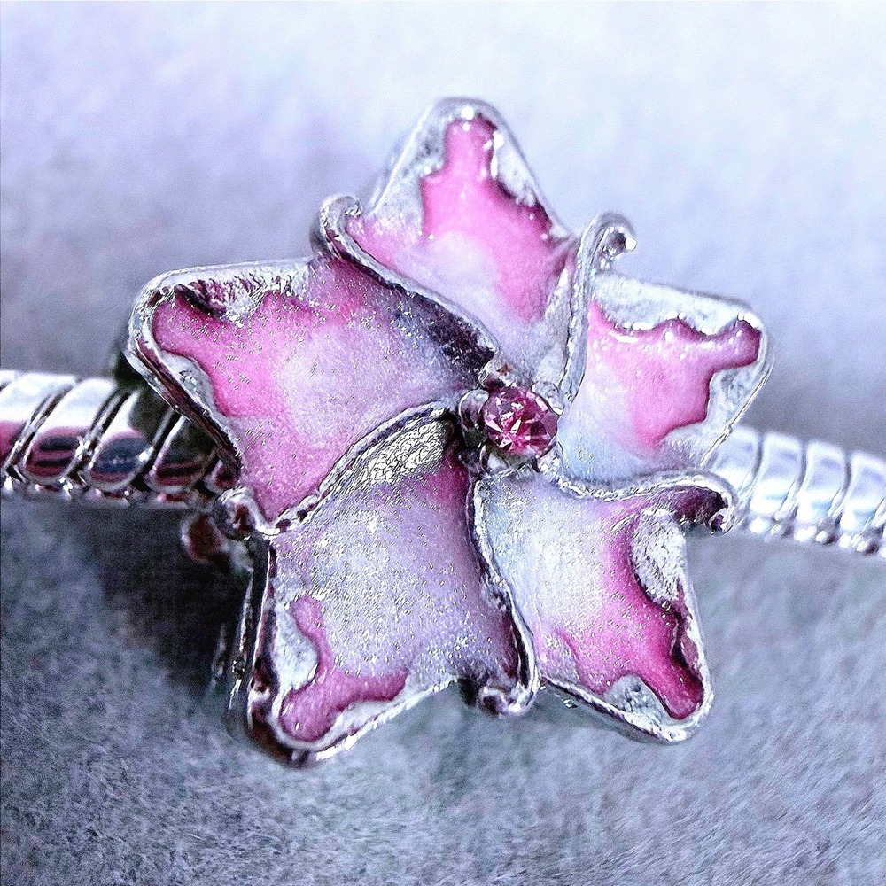 Pink Enamel Flower Crystal Charm fits PANDORA